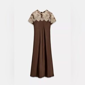 ZARA WOMAN ZW COLLECTION LIMITED EDITION SATIN LACE DRESS BROWN SMALL MIDI SATIN